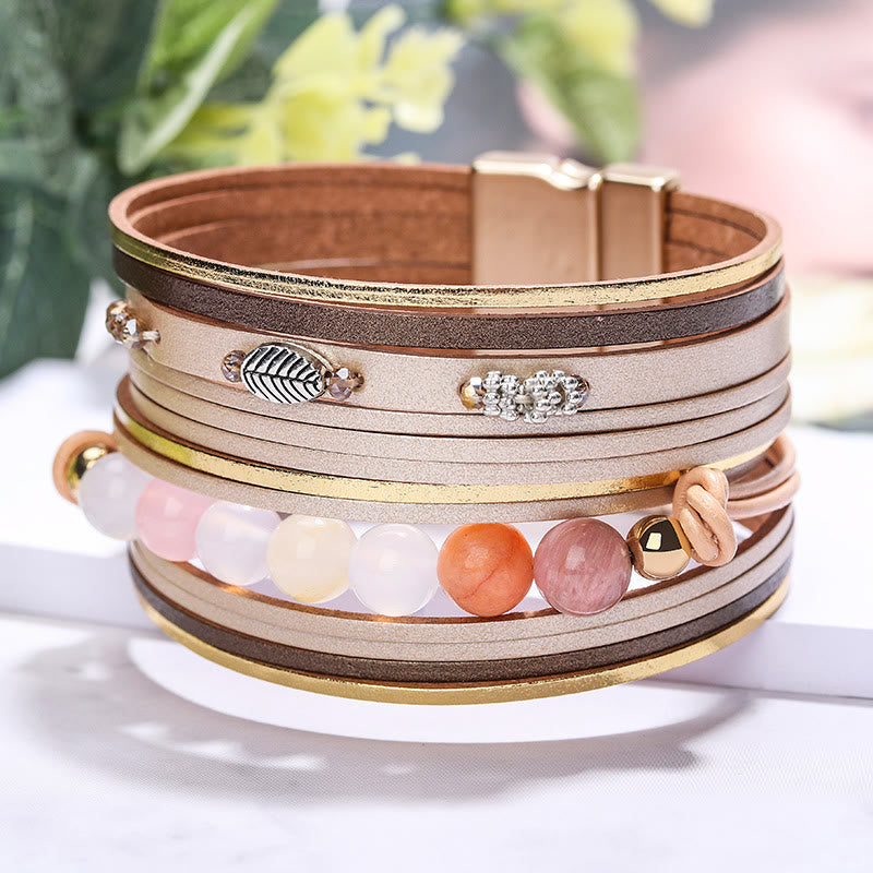 Olivenorma Natural Crystal Beaded Leather Multi-layer Bracelet - Khaki - image 0
