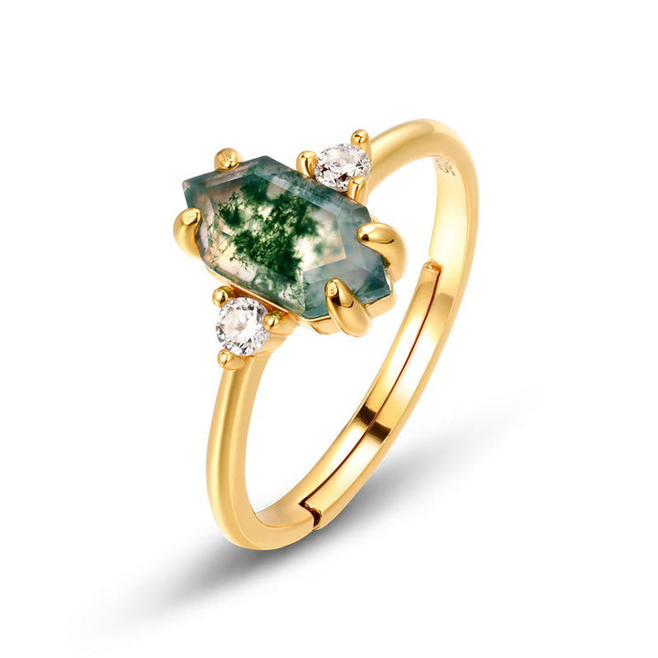 Olivenorma Hexagonal Moss Agate White Zircon S925 Adjustable Ring - Golden - image 3