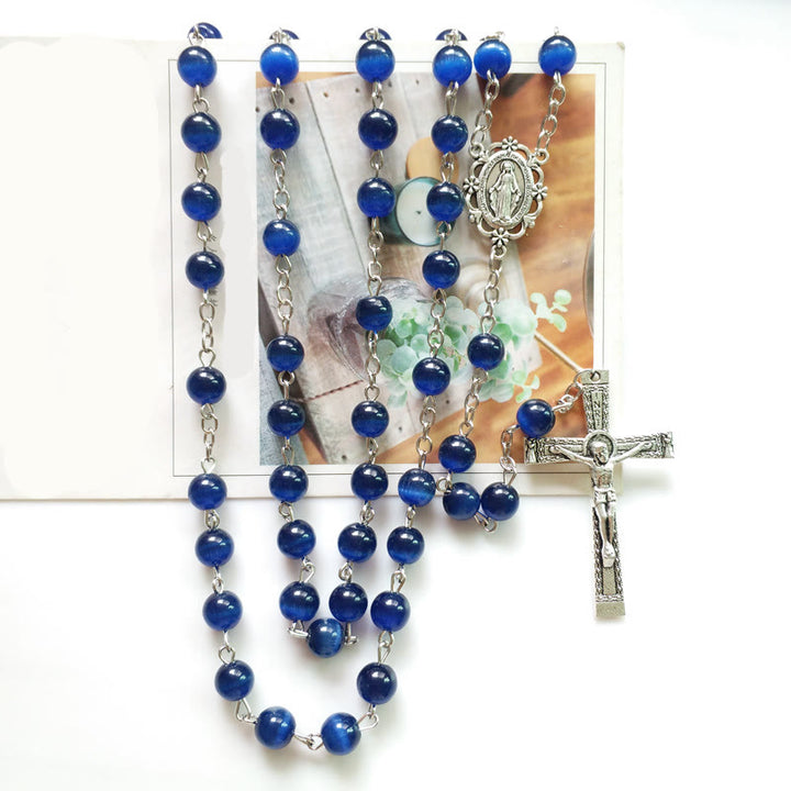 Olivenorma Blue Cat's Eye 8mm Stone Cross Rosary Necklace - image 2