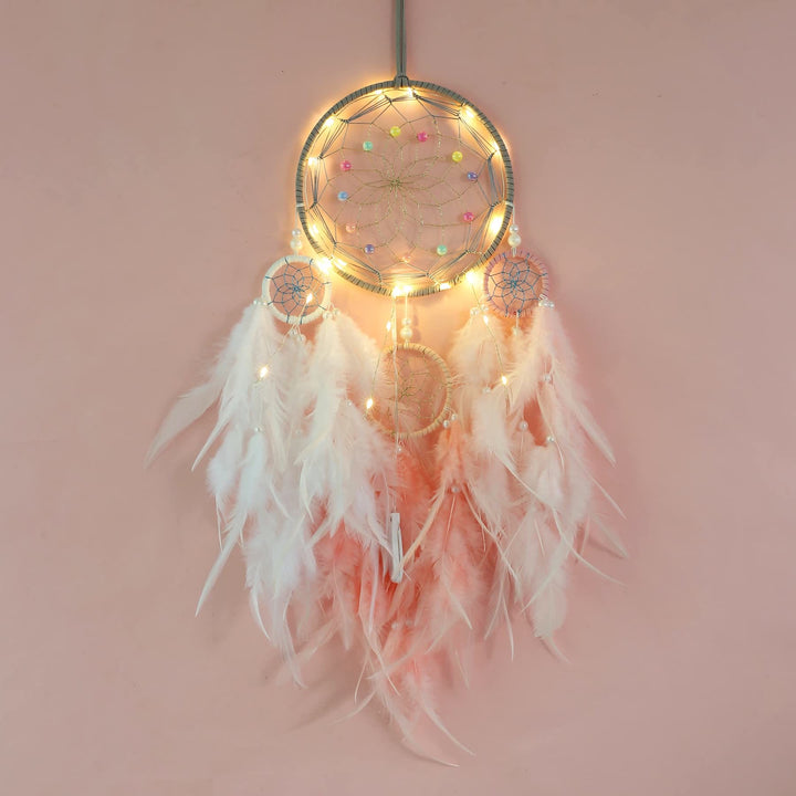 Olivenorma Indian Style Three Ring Feather Dream Catcher - Pink&White - With Lights - image 8
