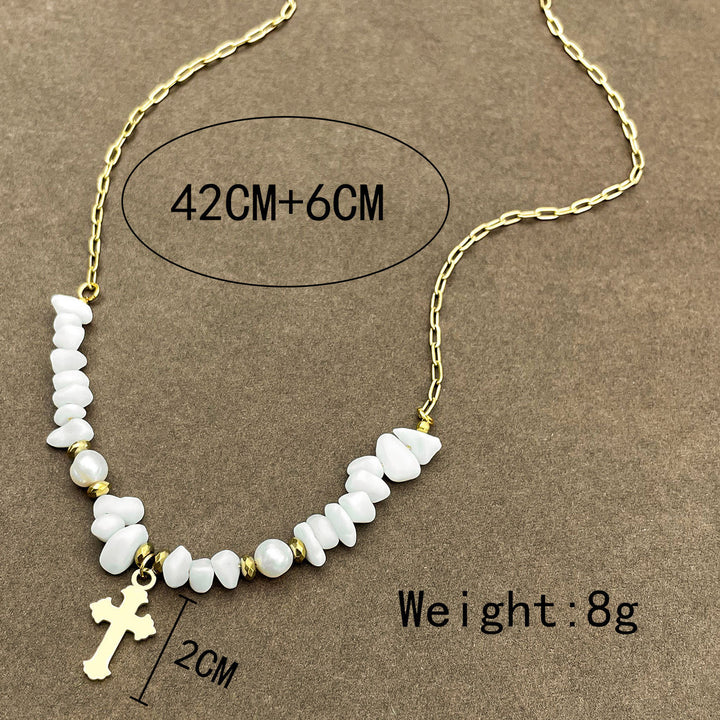 Olivenorma Hand Beaded Gravel Cross Irregular White Jade Necklace - image 2