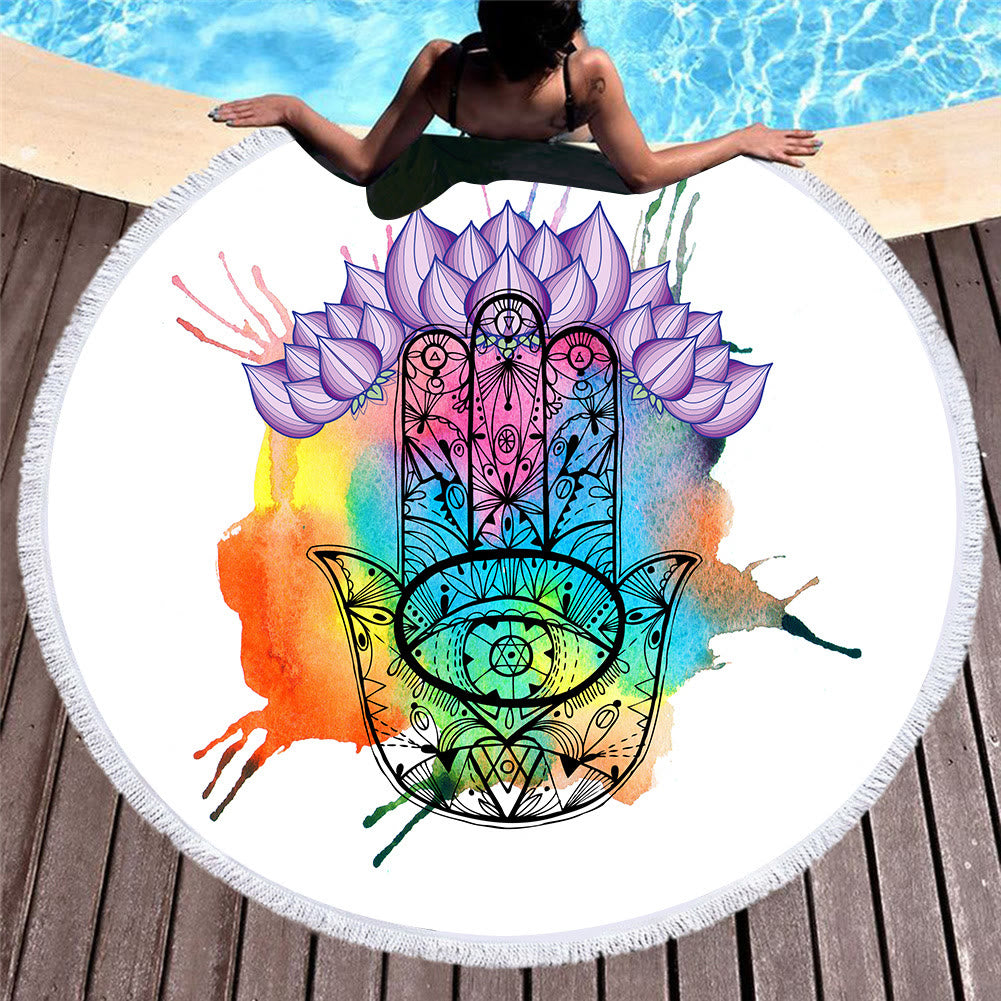 Olivenorma Hamsa Print Round Beach Towel Tapestry - Hamsa & Lotus - 39.37"*27.55"(150*150cm) - image 5