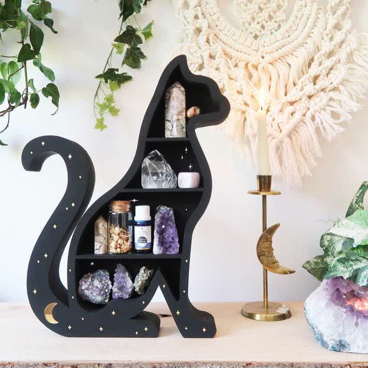 Cute Cat Moon Star Crystal Shelf - Left Cat - Wood - image 0