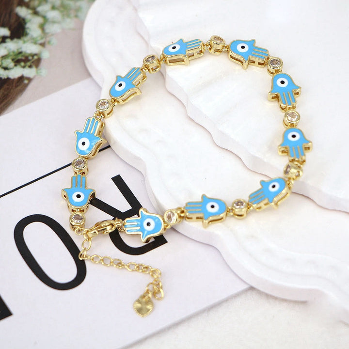 Olivenorma Colorful Enameled Zircon Evil Eye Hamsa Bracelet - Blue&Evil Eye Hamsa - image 2