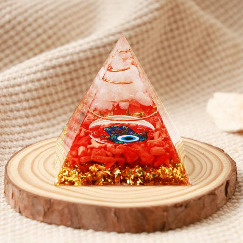 Olivenorma Clear Quartz With Red Coral Hamsa & Evil Eye Orgone Pyramid - 10*10cm - YES PLEASE $8 - image 2