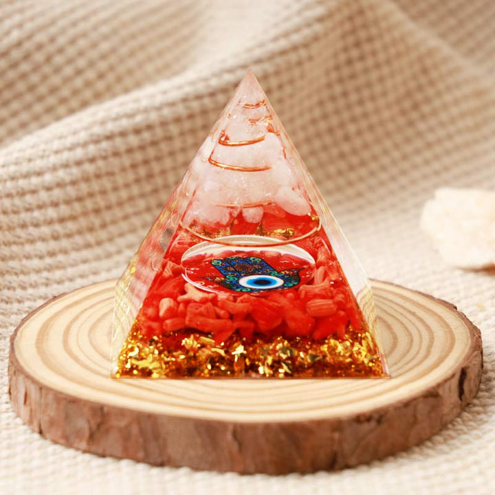 Olivenorma Clear Quartz With Red Coral Hamsa & Evil Eye Orgone Pyramid - 10*10cm - YES PLEASE $8 - image 2