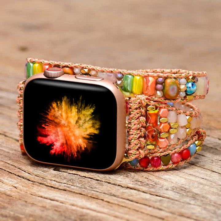 Olivenorma Natural Pink Crystal Colourful Gemstones Apple Watch Strap Wrap Bracelet - Medium 6.7-8 Inch Wrist - 42-45mm - image 0