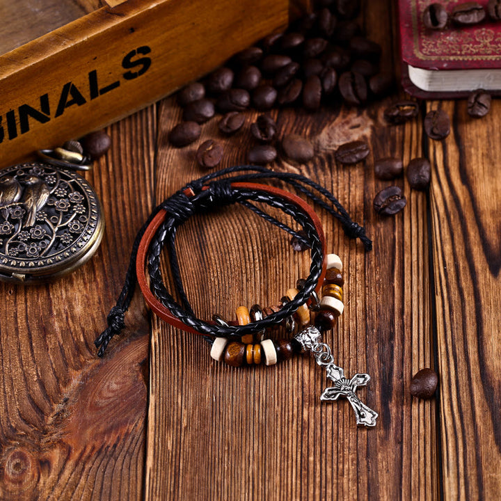 Olivenorma Cross Star Pendant Leather Braided Men Bracelet - image 1