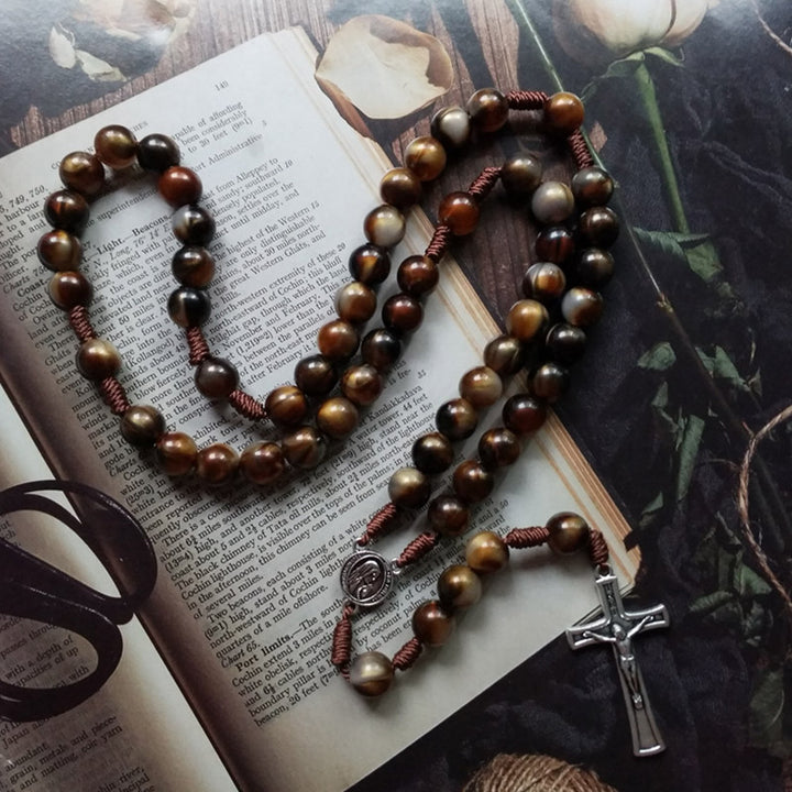 Olivenorma 10mm Agate Beads Jesus Cross Pendant Rosary Necklace - Agate - image 0
