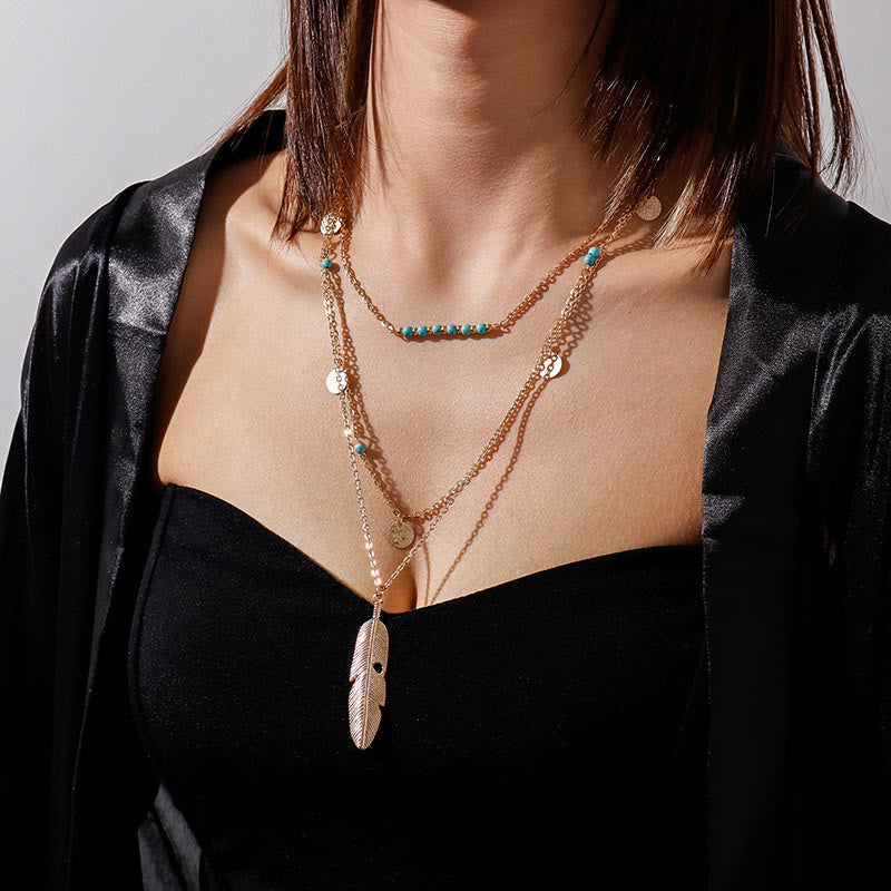 Olivenorma Turquoise Leaf Pendant Three Layer Necklace - image 1