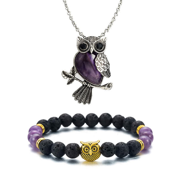 SPIRITUAL ENERGY - Owl Gemstone Necklace with Bracelet Gift Set - Amethyst - Silver Chain - image 1