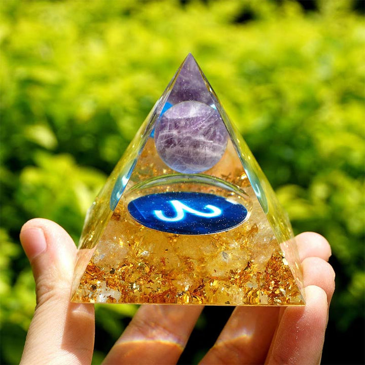 Olivenorma Amethyst with Golden Rutilated Aries Zodiac Orgone Pyramid - 10*10cm - YES PLEASE $8 - image 0