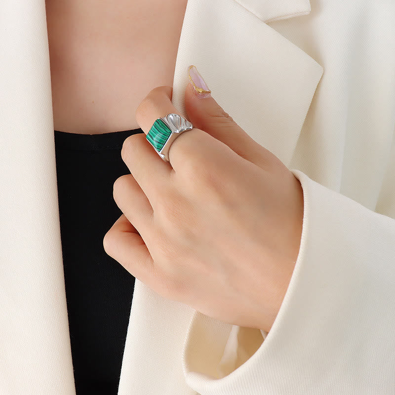 Olivenorma Square Malachite Tiger Eye Gold Titanium Steel Ring - Malachite - Silver - 8 - image 1