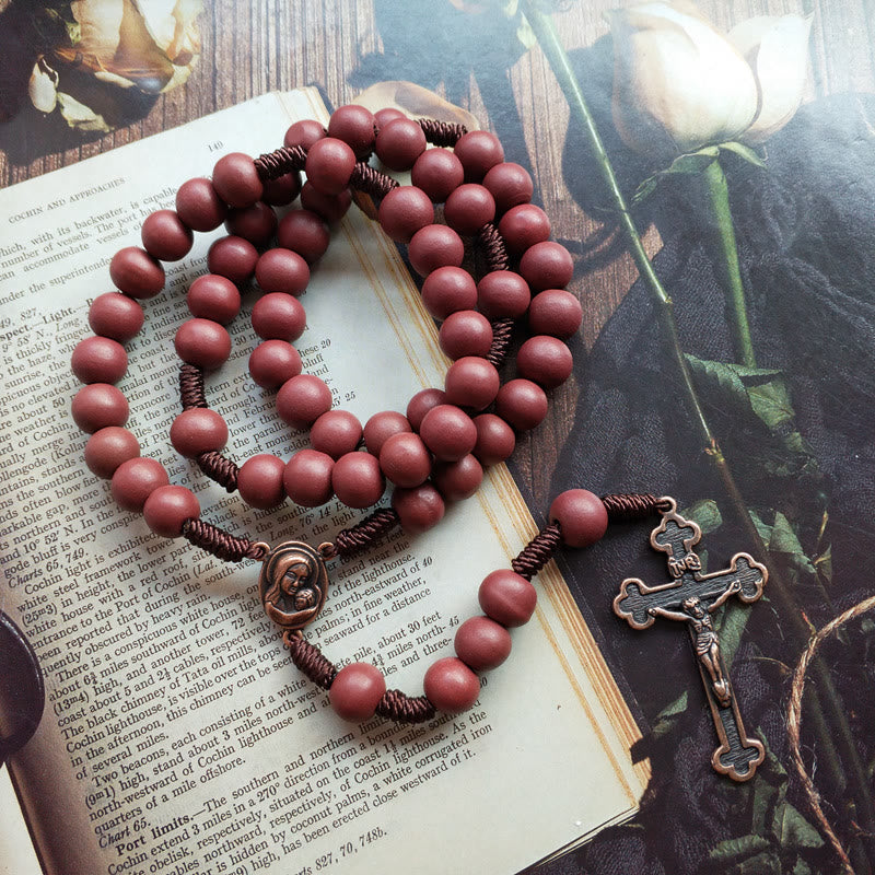 Olivenorma Red Brown 10mm Wooden Bead Cross Rosary Necklace - image 1