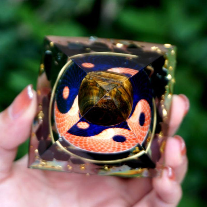 Olivenorma Tiger Eye Sphere With Obsidian Reki Orgone Pyramid - image 3