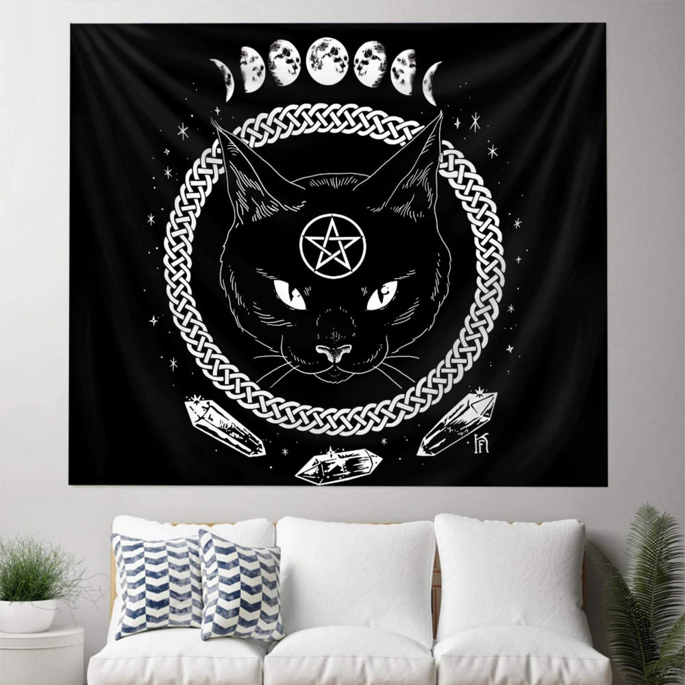 Olivenorma Black Cat Witch Moon Phase Pattern Tapestry - image 1