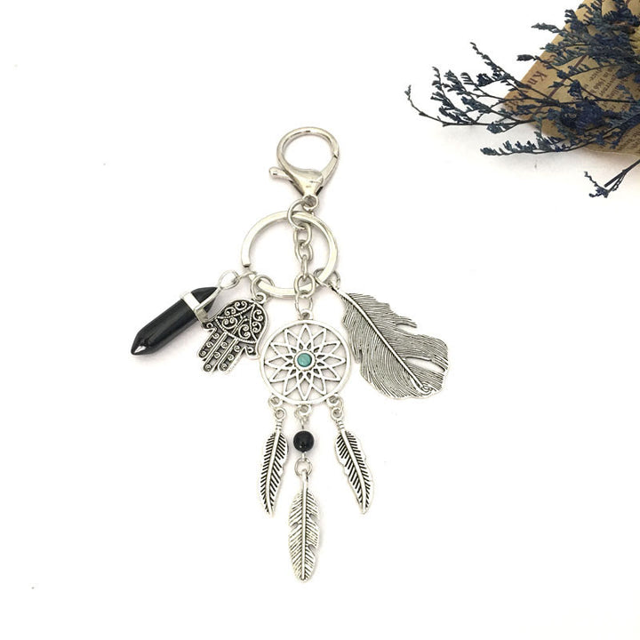 Olivenorma Natural Gemstone Dreamcatcher Pendants Hamsa Keychain - Obsidian - image 4