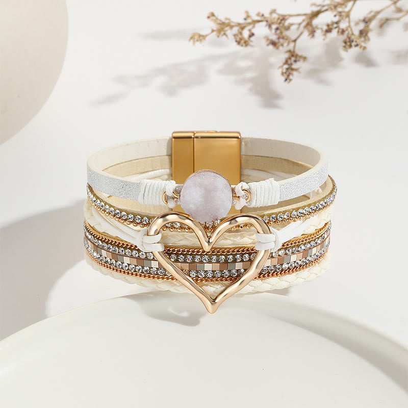 Olivenorma Multicolor Crystal Cluster Metallic Heart Braided Leather Bracelet - White - image 6