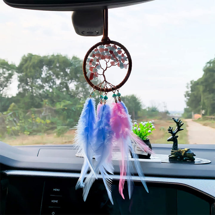 Olivenorma Crystal Tree of Life Feather Dreamcatcher Car Ornament - Rose Quartz&Aquamarine - image 0