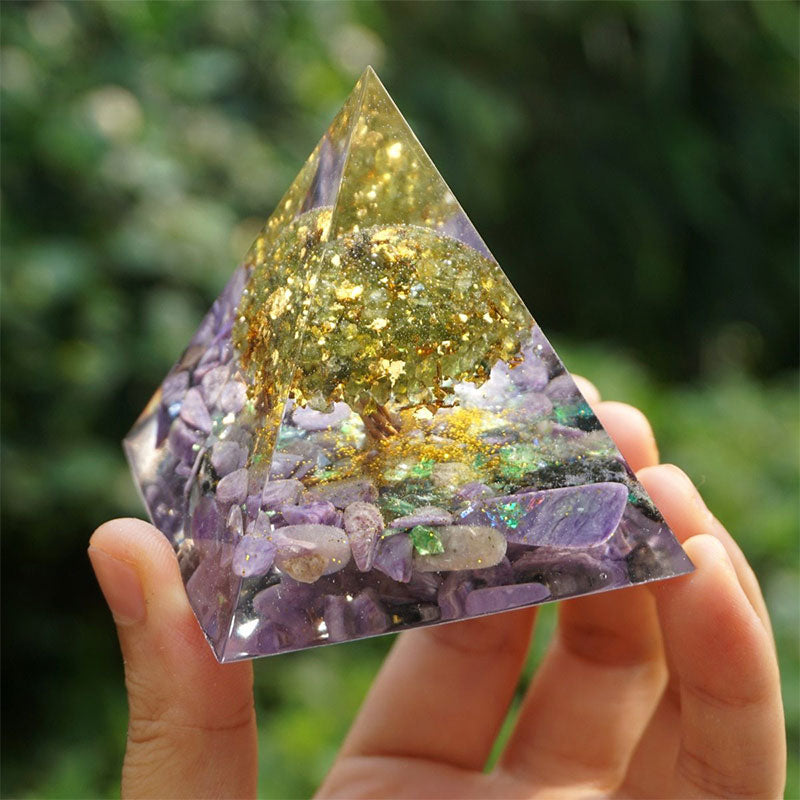 Olivenorma Tree of Life Peridot With Charoite Orgone Pyramid - image 2