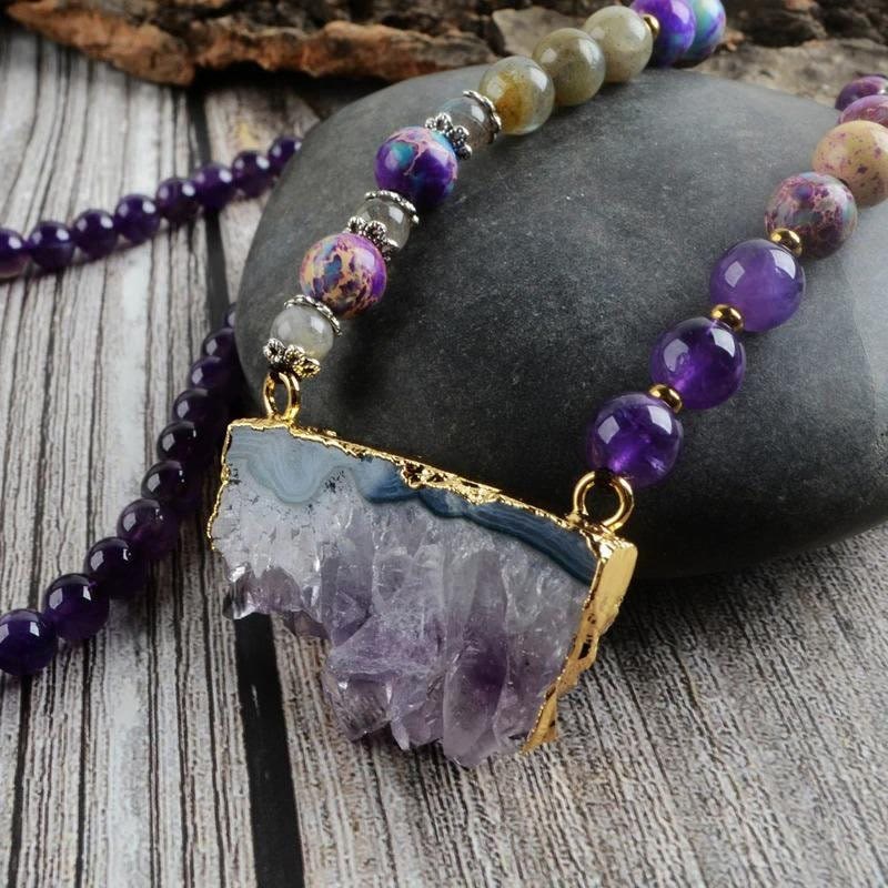 Olivenorma Rainbow Fluorite Amethyst Emperor Labradorite Mala Beaded Necklace - image 3
