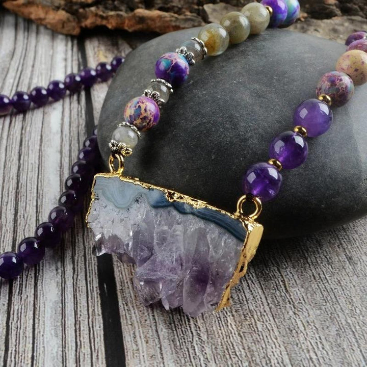 Olivenorma Rainbow Fluorite Amethyst Emperor Labradorite Mala Beaded Necklace - image 3