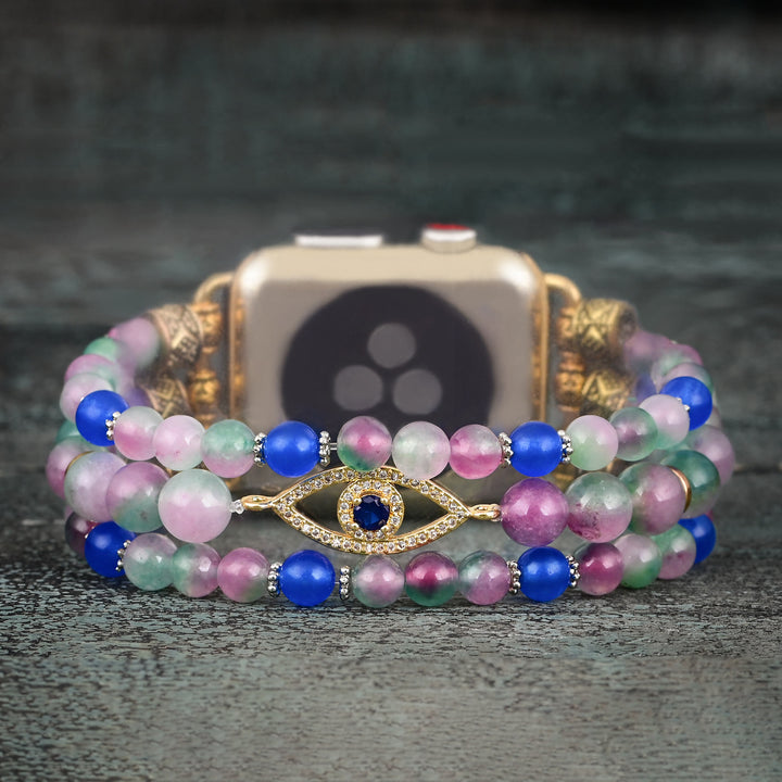 Olivenorma Pink And Blue Beads Evil Eye Apple Watch Strap - Medium: Approx 15cm-suitable for wrists of 6.5-7 inches - Watch Dial Size 42-45mm - image 0
