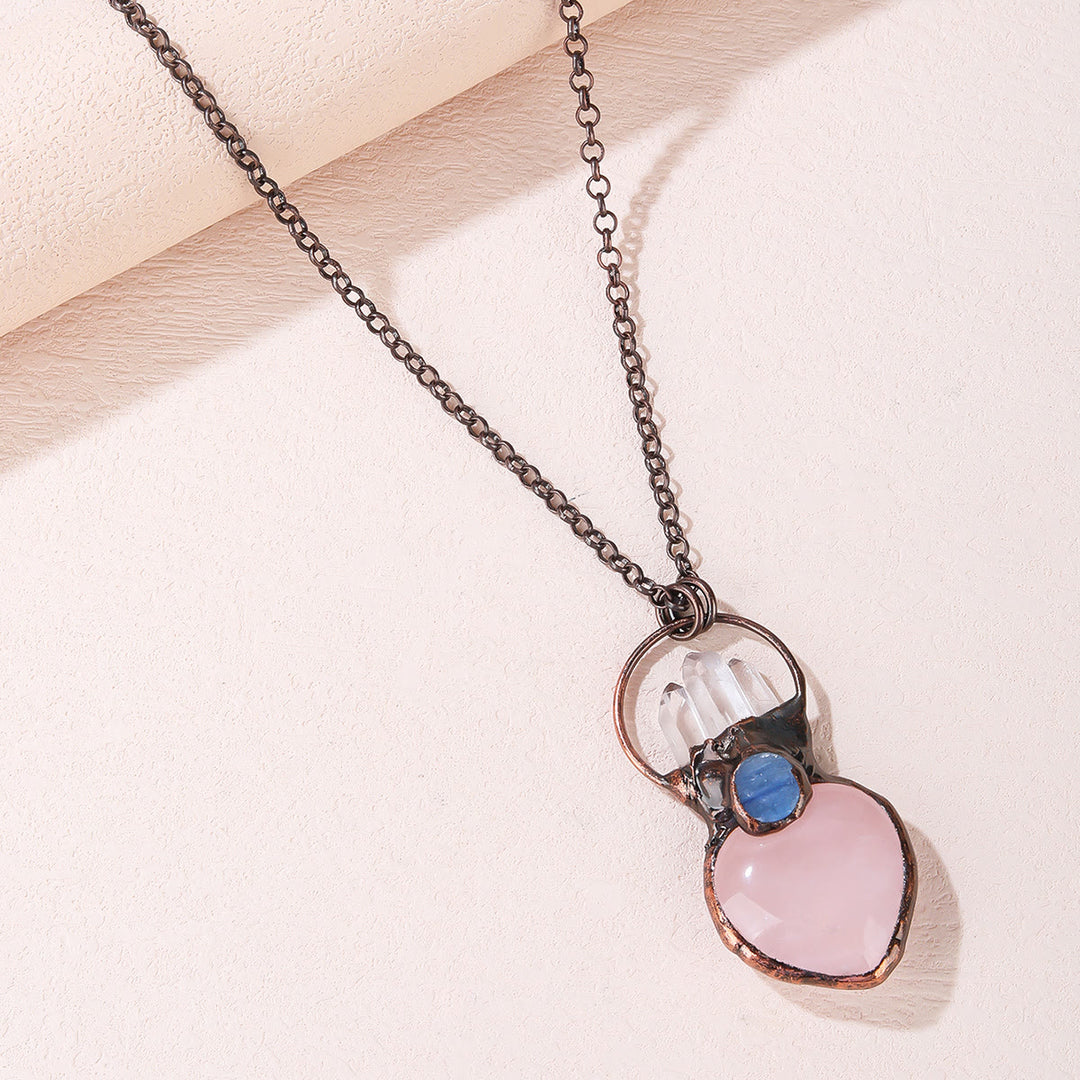 Olivenorma Natural Heart Rose Quartz Irregular Sweater Chain Necklace - Rose Quartz&Clear Crystal - image 0