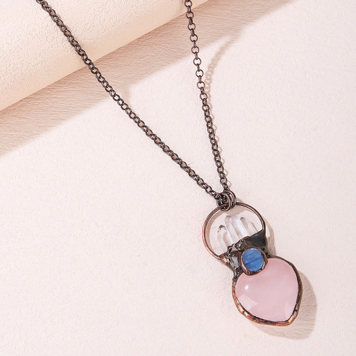 Olivenorma Natural Heart Rose Quartz Irregular Sweater Chain Necklace - Rose Quartz&Clear Crystal - image 0