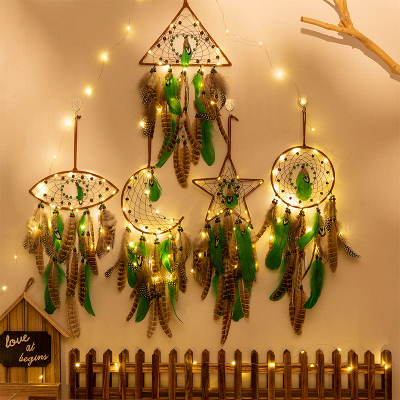 Olivenorma Natural Green Wooden Beads Peacock Feather Dream Catcher - image 0
