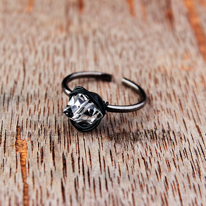 Olivenorma Handmade Natural Stone Crystal Wire Wrap Ring - Black Thread & Small Clear Crystal - image 7