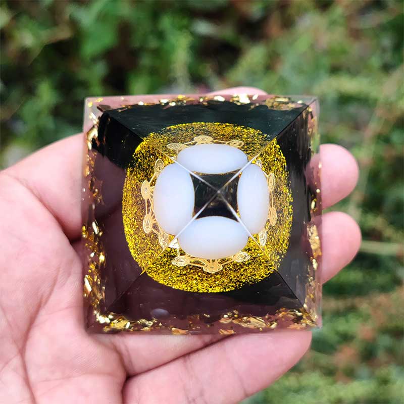 Olivenorma White Agate Sphere with Obsidian Orgone Pyramid - image 3