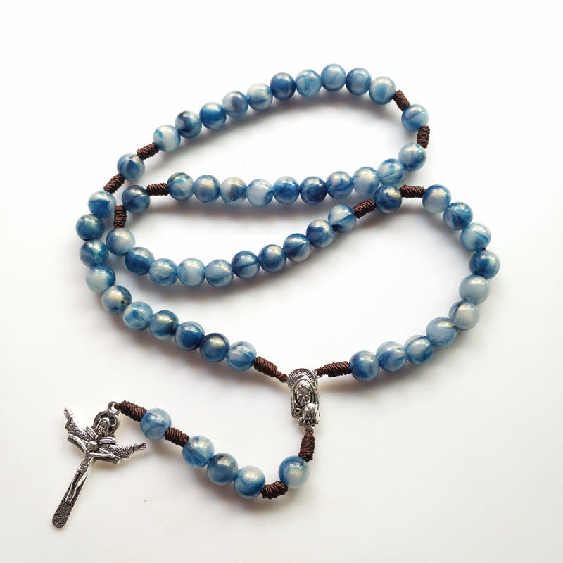 Olivenorma Blue Cat's Eye Stone Jesus Cross Rosary Necklace - image 2
