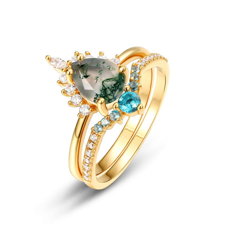Olivenorma Moss Agate Paraiba Tourmaline 2pcs 925 Silver Ring - Golden - 8 - image 1