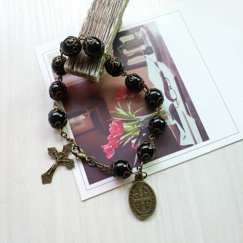 Olivenorma Obsidian Holy Medal Cross Pendant Rosary Bracelet - image 4