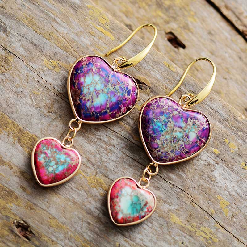 Olivenorma Purple & Rose Red Emperor Stone Double Heart Drop Earrings - image 2
