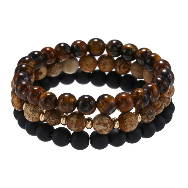 Olivenorma 3Pcs Picture Jasper Tiger Eye Black Onyx Beaded Bracelets - Picture Jasper&Tiger Eye&Black Onyx - image 0