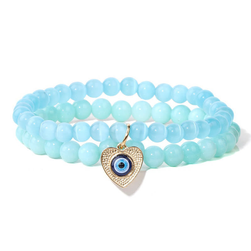 Olivenorma Cat's Eye Stone Evil Eye Pendant Double Layer Bracelet - Blue - image 7